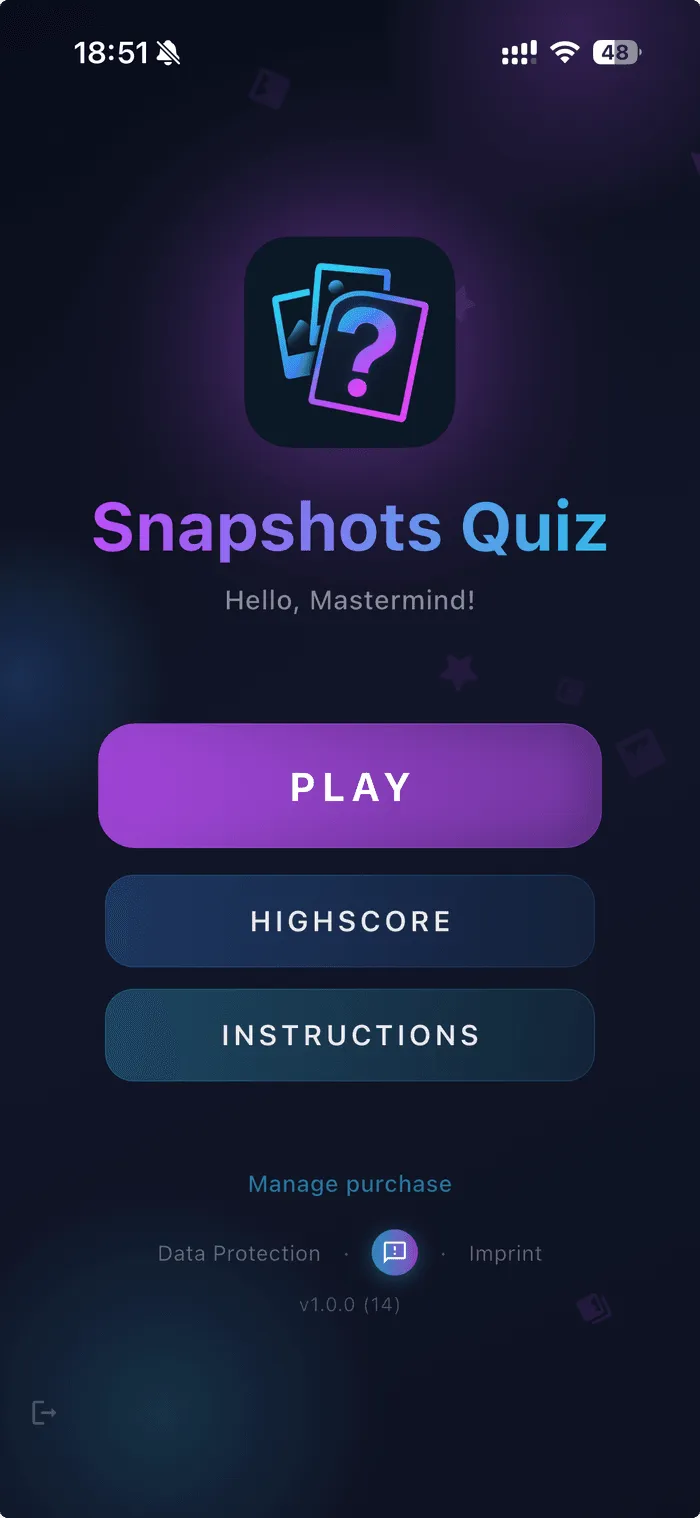 Snapshots app — three image hints and a row of letter tiles — home