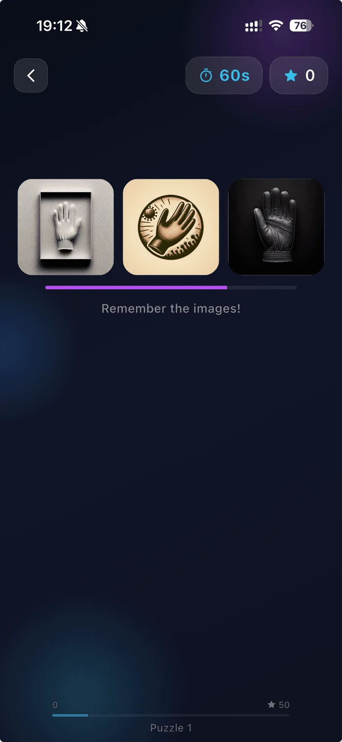 Snapshots app — three image hints and a row of letter tiles — memorize