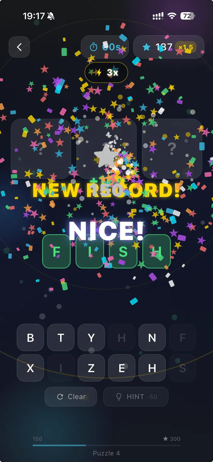 Snapshots app — three image hints and a row of letter tiles — new record